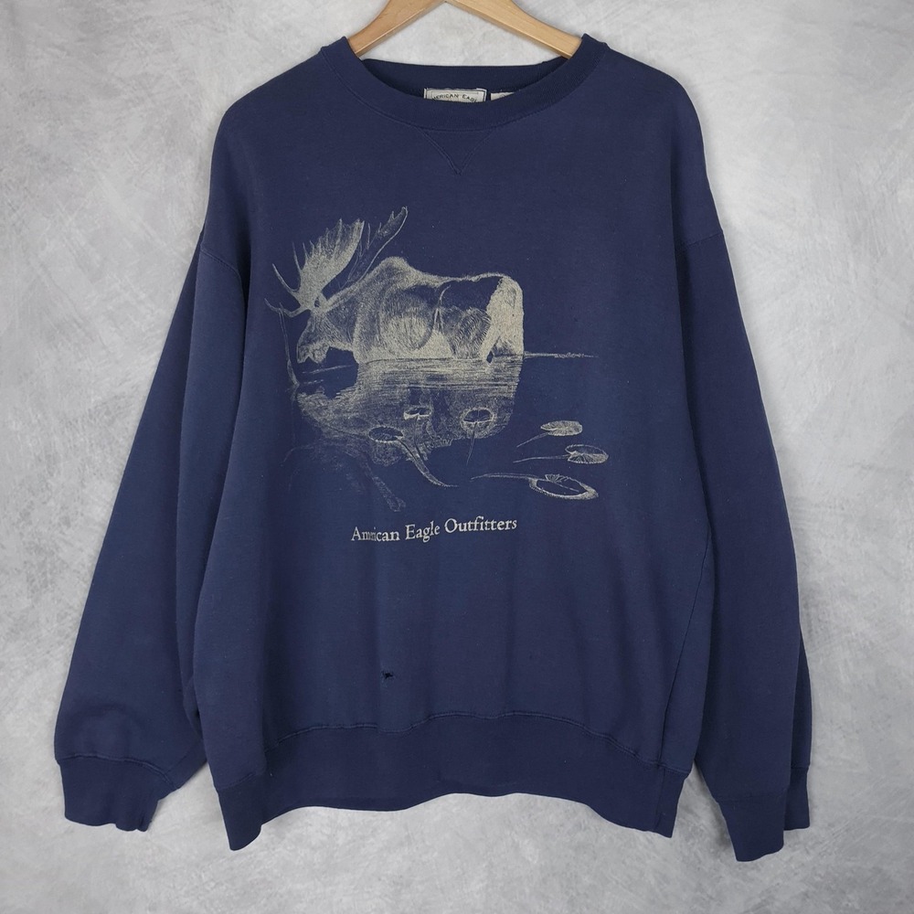 Vintage American Eagle Outfitters Sweatshirt Mens Large Navy Blue Moose 80s 90s